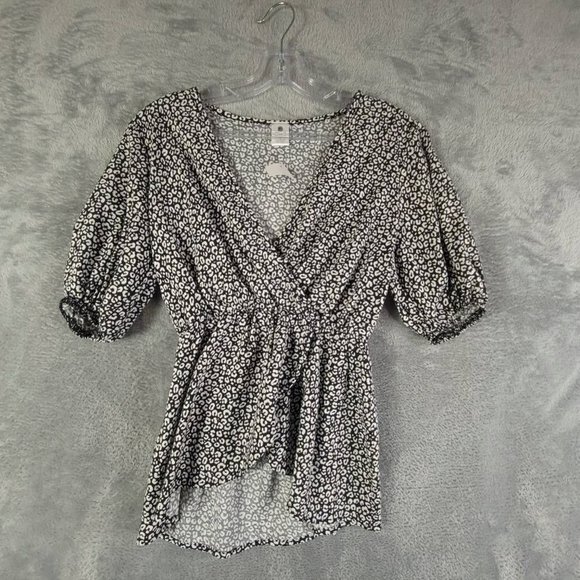 Cozy Rozy Womens Blouse Black Animal Print Short Sleeve Puff Elastic Waist S New - Picture 1 of 8